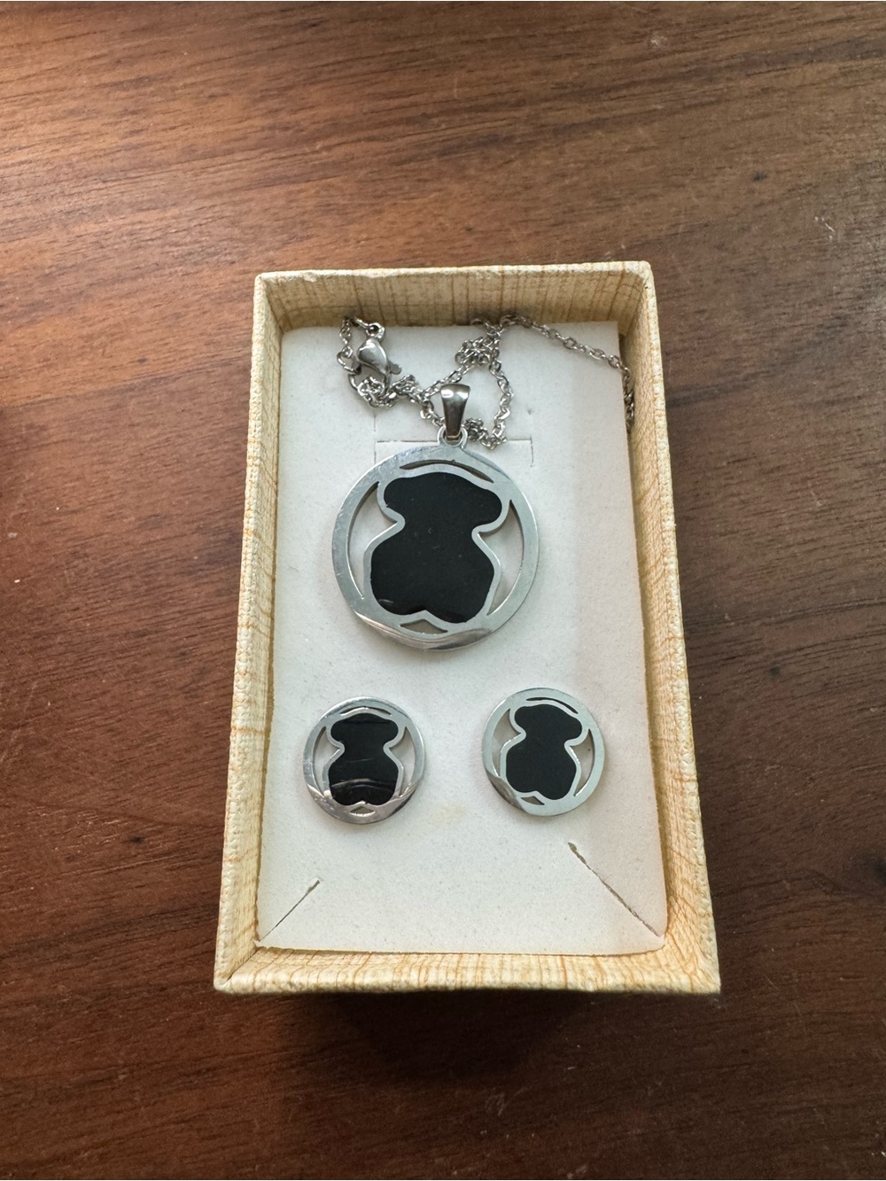 Stainless Steel Black Bear Silhouette Pendant Necklace & Matching Earrings